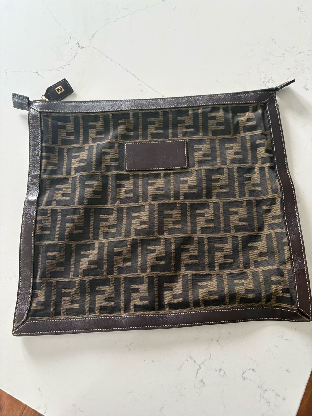 Fendi Brown FF Logo Canvas Pouch with brown leather trim
